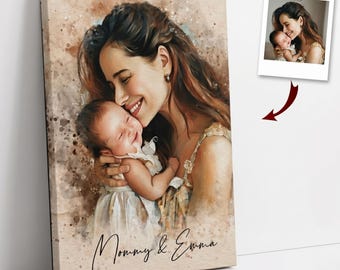 Regalo para el primer Día de la Madre, retrato fotográfico personalizado en acuarela para mamá primeriza, lienzo, regalos para mamás en el Día de la Madre.