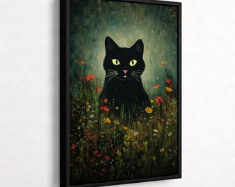 Estampado de gato negro místico, jardín floral, estilo vintage, decoración rústica oscura para el hogar.