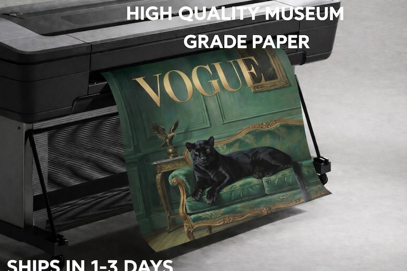 A Vogue magazine cover featuring a black panther sitting on a green couch, with the word "Vogue" prominently displayed. The cover is being printed on a printer, and there is text indicating that the printer is delivering the paper in 1-3 days.