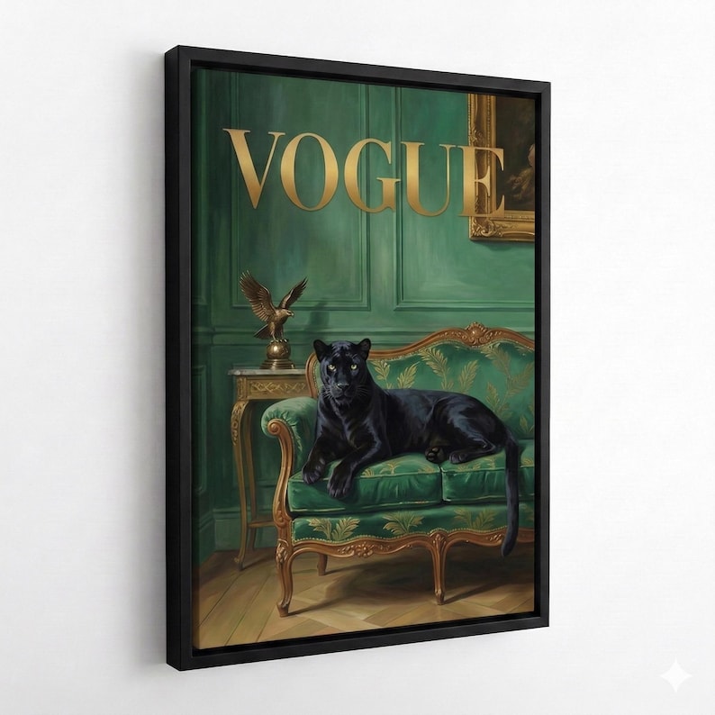 The image is a framed painting depicting a black panther sitting on a green couch, with a golden eagle perched on a table next to the couch. The word "VOGUE" is prominently displayed in the top center of the painting.