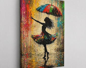 Cuadro abstracto de danza de la lluvia, chica con paraguas y grafiti colorido, lienzo con estampado urbano, decoración moderna para el hogar.