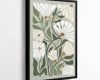 Arte mural botánico floral, estampado floral abstracto brillante, pared floral abstracta, arte floral retro, arte botánico bohemio