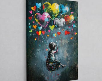 Lámina artística Graffiti Balloon Girl, lienzo con corazón colorido, decoración de pared urbana moderna, regalo contemporáneo