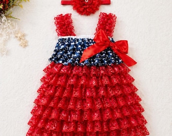 Red Baby Girl Petti Lace Dress + Handmade Floral Headband Set