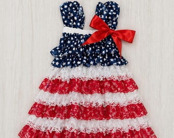 Baby Girl Americana Petti Lace Dress and Floral Headband Outfit