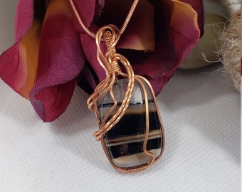 Black Banded Onyx Pendant, Copper Wire Wrapped Onyx Necklace, Black Striped Pendant, Gifts For Her, Unique Gifts, Black Onyx Jewelry. 53