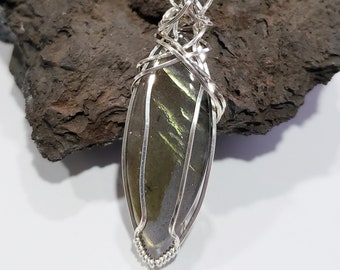 Labradorite Pendant, Sterling Silver Wire Wrap. Gemstone Necklace 14