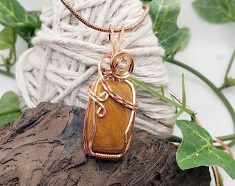 Yellow Jasper Pendant, Jasper Necklace, Copper Wire Wrap Pendant. 323