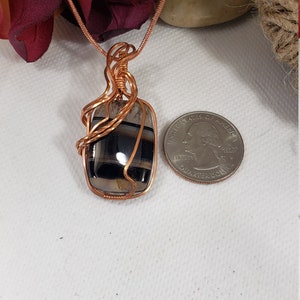 Black Banded Onyx Pendant, Copper Wire Wrapped Onyx Necklace, Black Striped Pendant, Gifts For Her, Unique Gifts, Black Onyx Jewelry. 53 image 5