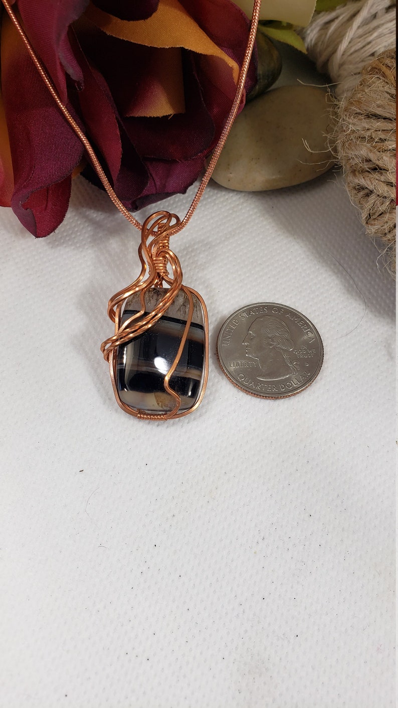 Black Banded Onyx Pendant, Copper Wire Wrapped Onyx Necklace, Black Striped Pendant, Gifts For Her, Unique Gifts, Black Onyx Jewelry. 53 image 5