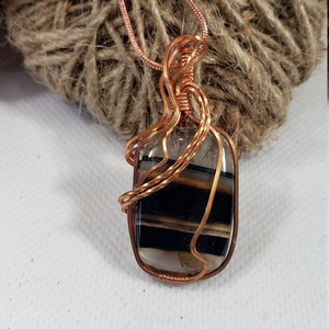 Black Banded Onyx Pendant, Copper Wire Wrapped Onyx Necklace, Black Striped Pendant, Gifts For Her, Unique Gifts, Black Onyx Jewelry. 53 image 3