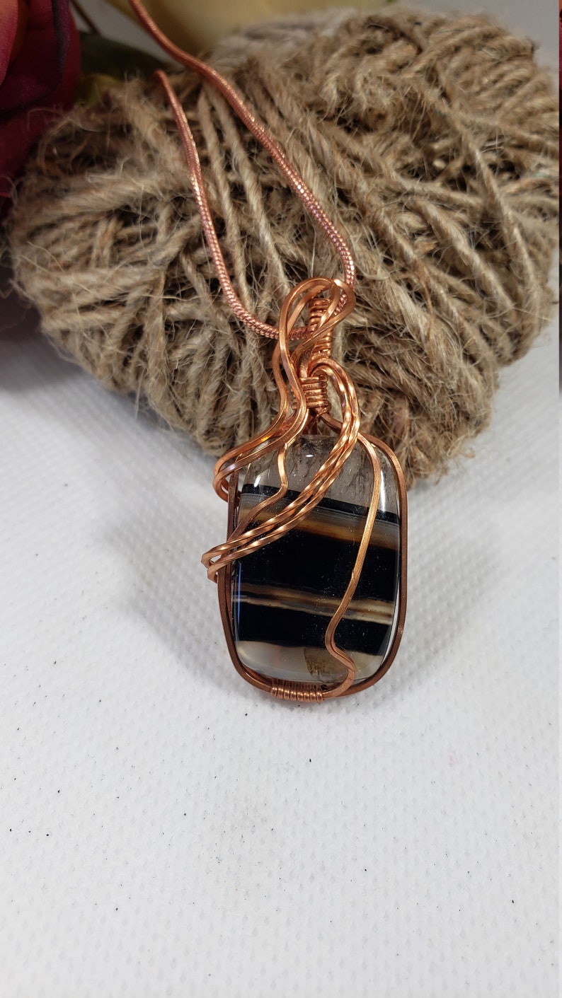 Black Banded Onyx Pendant, Copper Wire Wrapped Onyx Necklace, Black Striped Pendant, Gifts For Her, Unique Gifts, Black Onyx Jewelry. 53 image 3