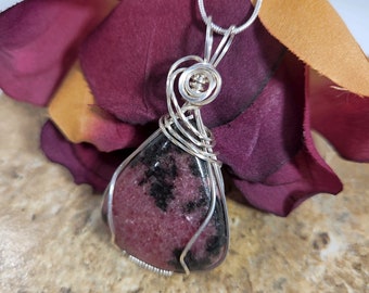 Rhodonite Wire Wrapped Pendant, Pink Necklace, Heart Chakra Stone, Gifts for Her  369