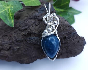 Neon Blue Apatite Pendant, Blue Necklace, Wire wrapped Pendant, Teardrop Cabochon