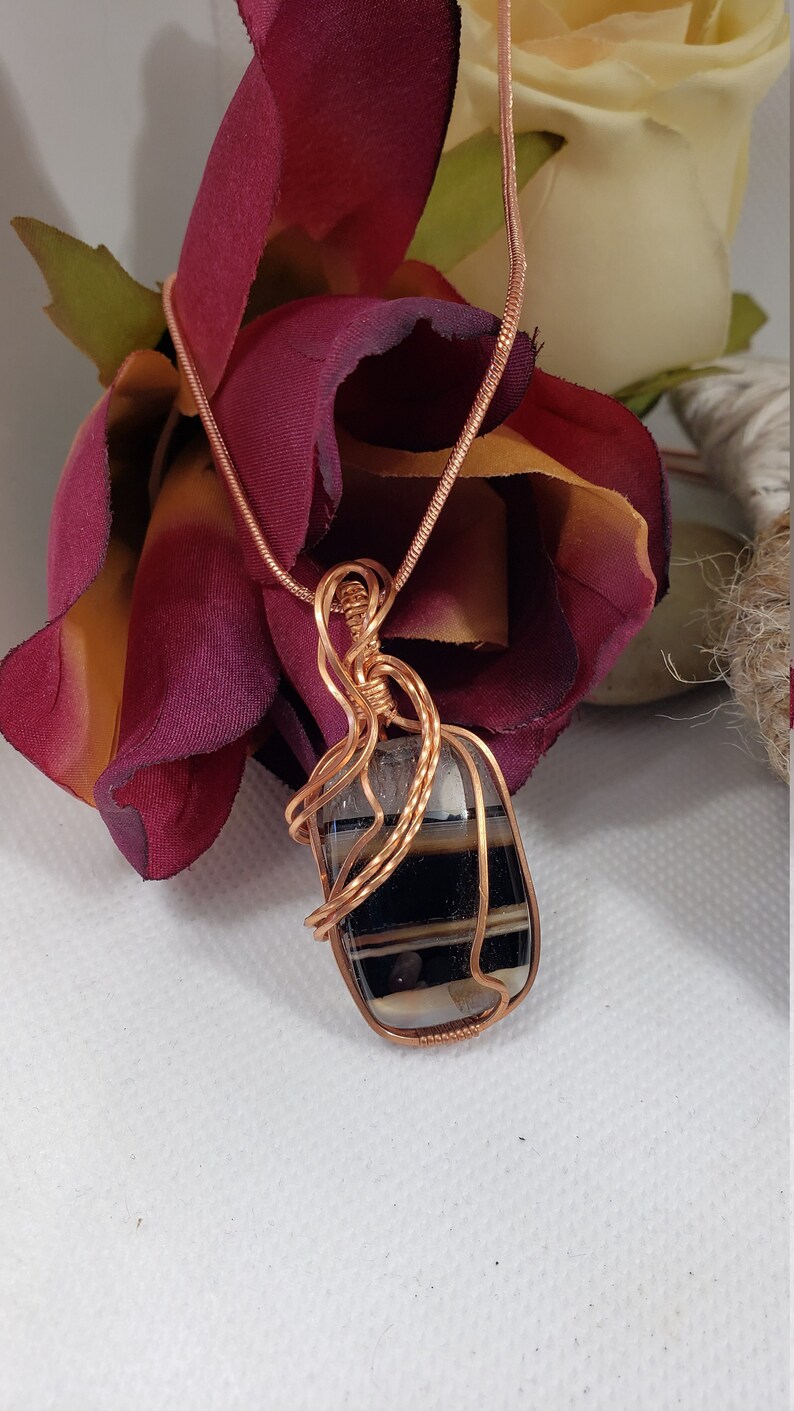 Black Banded Onyx Pendant, Copper Wire Wrapped Onyx Necklace, Black Striped Pendant, Gifts For Her, Unique Gifts, Black Onyx Jewelry. 53 image 1