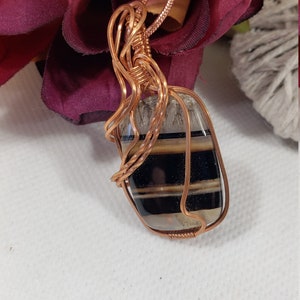 Black Banded Onyx Pendant, Copper Wire Wrapped Onyx Necklace, Black Striped Pendant, Gifts For Her, Unique Gifts, Black Onyx Jewelry. 53 image 2