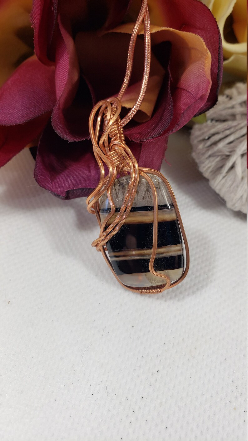 Black Banded Onyx Pendant, Copper Wire Wrapped Onyx Necklace, Black Striped Pendant, Gifts For Her, Unique Gifts, Black Onyx Jewelry. 53 image 2