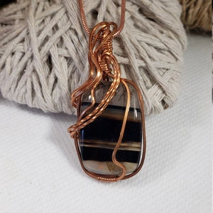 Black Banded Onyx Pendant, Copper Wire Wrapped Onyx Necklace, Black Striped Pendant, Gifts For Her, Unique Gifts, Black Onyx Jewelry. 53 image 4