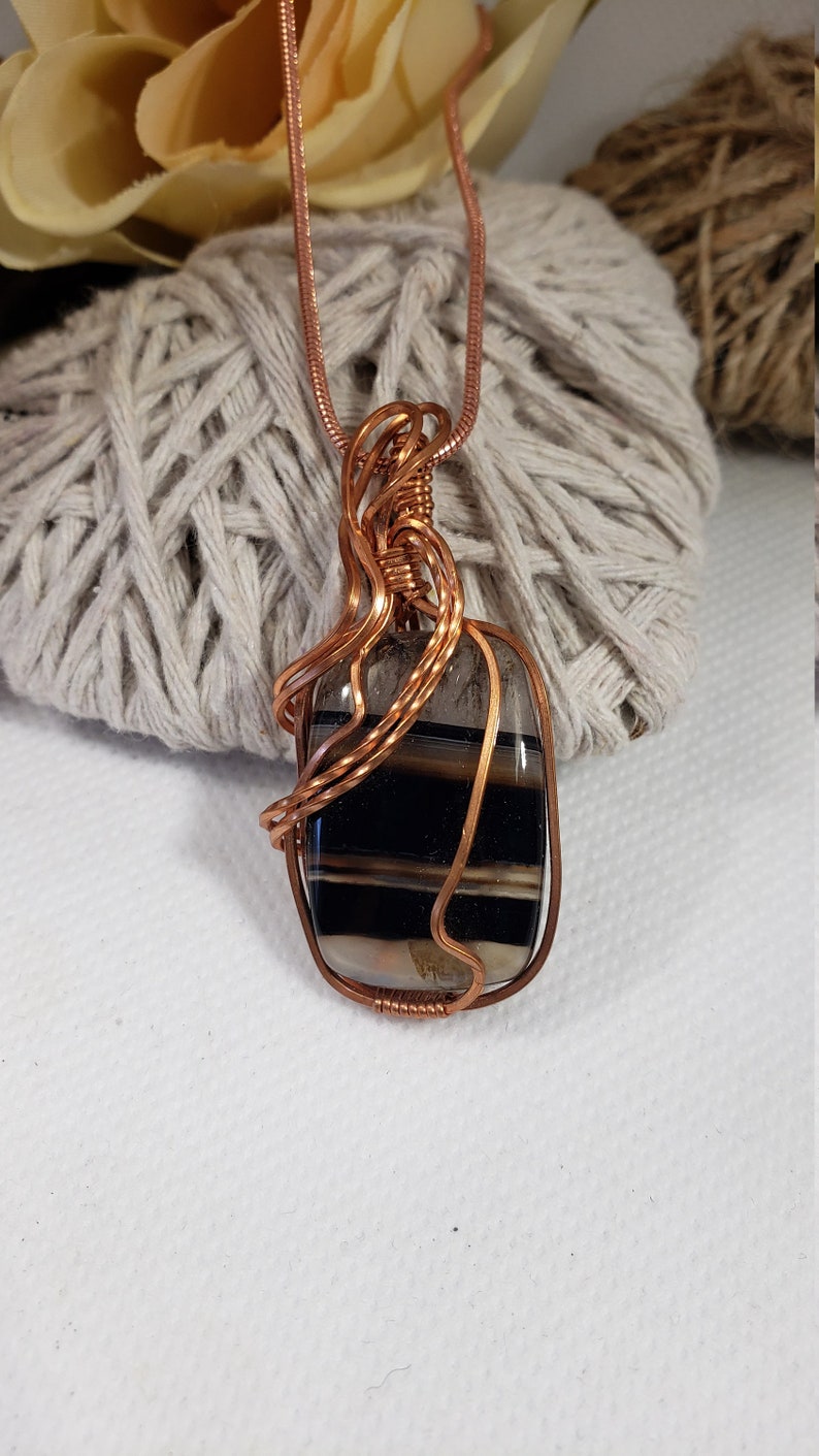 Black Banded Onyx Pendant, Copper Wire Wrapped Onyx Necklace, Black Striped Pendant, Gifts For Her, Unique Gifts, Black Onyx Jewelry. 53 image 4