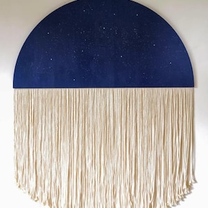 Handmade Blue Wall Hanging – Large Boho Fringe Decor – Half Circle Night Sky Mandala Art – Fiber Tapestry – 39x47 inch – Free Shipping