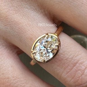 Bezel Set Moissanite Engagement Ring Oval Moissanite Ring 2.50 Ct East West Oval Cut Diamond Ring 14k Yellow Gold Solitaire Wedding Ring