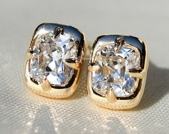 Kolczyki z diamentami w szlifie europejskim z moissanitem, 1 + 1 ct, kolczyki z moissanitem w szlifie poduszkowym, kolczyki z oprawą w kształcie zęba, 14-karatowe żółte złoto