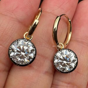 Round Moissanite Earring Bezel Set Moissanite Dangle Earring 2.50 + 2.50 Ct Round Cut Dangle & Drop Earring 14k Yellow Gold Diamond Earring