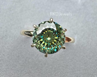 Portuguese Cut Moissanite Ring Green Moissanite Ring 3.00 Ct Round Portuguese Cut Engagement Ring 14k Yellow Gold Antique Diamond Ring Gift