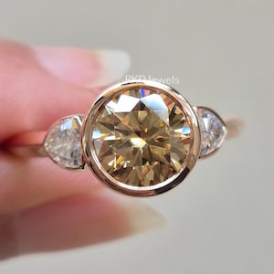 Three Stone Champagne Moissanite Ring Bezel Set Moissanite Wedding Ring 2.50 Ctw Round Cut Champagne Diamond Ring 14k Rose Gold Bridle Ring