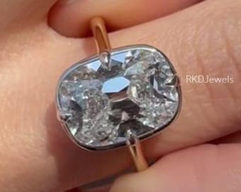 Old European Cut Moissanite Ring Bezel Set Antique Cushion Cut Ring 3.00 Ct OMC Cushion Moissanite Engagement Ring 14k Gold Solitaire Ring