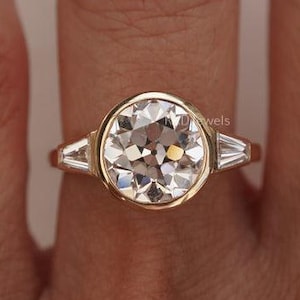 2.50 Ctw Round Old European Moissanite Ring Bezel Set Engagement Ring 14k Yellow Gold Old Mine Cut Diamond Ring Three Stone Wedding Ring