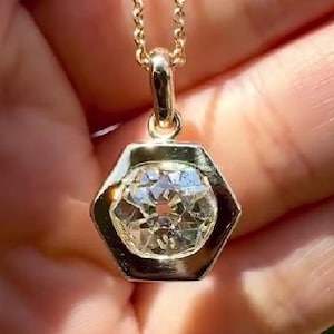 2.00 Ct Round Cut Moissanite Pendant Hexagon Bezel Set Moissanite Pendant 14k Yellow Gold Antique Old European Cut Diamond Pendant OMC Cut