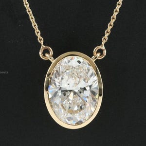Bezel Set Moissanite Oval Necklace 3.00 Ct Oval Cut Moissanite Necklace 14k Yellow Gold East West Diamond Necklace Woman Anniversary Gift