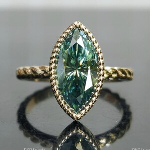 Marquise Cut Moissanite Ring Green Moissanite Ring 2.00 Ct Bezel Set Moissanite Engagement Ring 14k Yellow Gold Diamond Ring Solitaire Ring