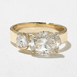 East West Oval Moissanite Ring Two Stone Engagement Ring 2.00 Ctw Oval & Round Moissanite Bezel Set Ring 14k Yellow Gold Diamond Thick Band