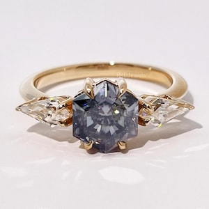 Grey/Gray Moissanite Ring Three Stone Moissanite Engagement Ring 2.50 Ctw Hexagon Moissanite Ring 14k Yellow Gold Diamond Ring Wedding Ring
