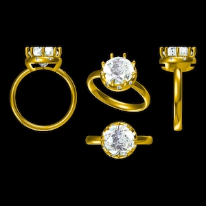 May include: A gold ring featuring a large, round, faceted clear gemstone set in a prong setting. The ring is displayed from four different angles, showing the circular band, the elevated stone setting, and the top-down view of the gemstone.