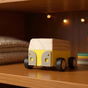 Wooden Toy Car – Sunshine 1967 VW Bus Collectible, Vintage Inspired Minibus, Handmade Kids Gift & Classic Car Decor for Adults