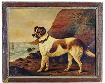 St. Bernard by the Sea, Victorian Dog Portrait, Oil on Canvas