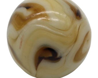May include: A vintage marble with a swirling pattern of cream, tan, and brown. The glass marble has a glossy finish and a classic design, perfect for collectors or as a decorative item.