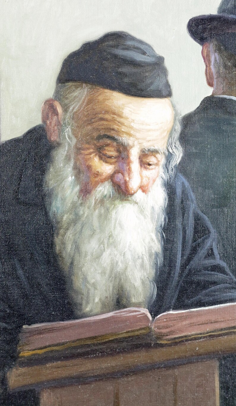 May include: An oil painting depicts an elderly man with a long white beard and a black hat, engrossed in reading a book. The man is wearing a dark coat, and another figure is partially visible in the background.