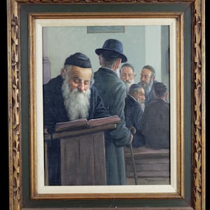 May include: Oil painting depicting a group of men in a synagogue. The painting features a man with a long white beard reading from a book. Other men are standing and sitting, some wearing hats. The painting is in a gold and green ornate frame.