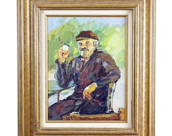 Vintage Manos Rivithis Oil Painting – Seated Man with Glass, 1981, Framed