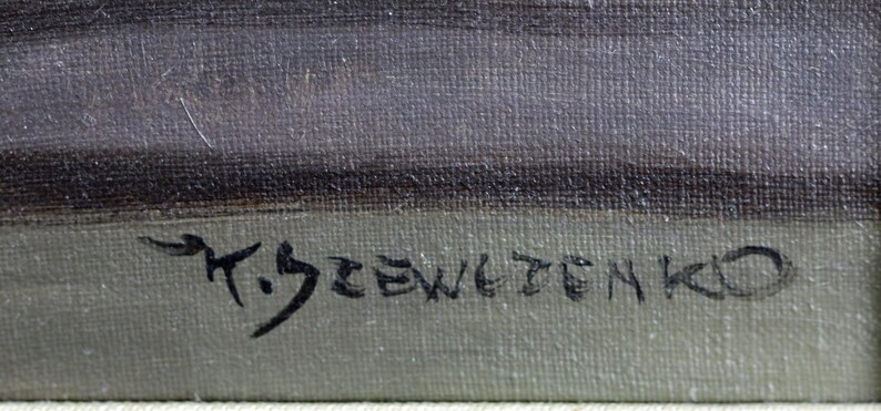 May include: An oil painting with a muted color palette, featuring a signature in black script. The artwork appears to be an abstract landscape or seascape, with a textured canvas surface. The signature reads "K. SZEWETENKO".