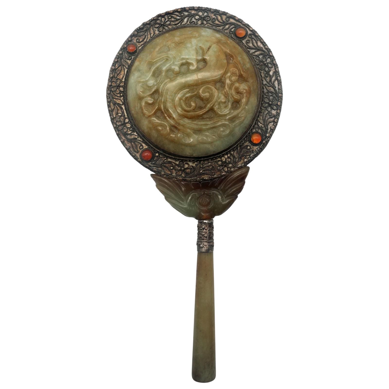 Republic Era Chinese Jade Hand Mirror: Dragon, Silver & Carnelian, c.1920s