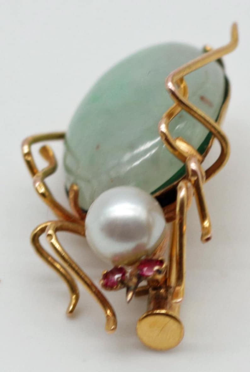 14K Gold Jade Beetle Brooch: Mid-century Pearl & Ruby Insect Pin - Etsy