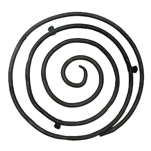 May include: A dark brown, wrought iron trivet in a spiral design. The trivet has three small feet and is designed to protect surfaces from hot cookware. The spiral measures approximately 8 inches in diameter.