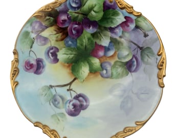 J. Pouyat Limoges Grapes and Vine Cabinet Plate –  Hand Painted Porcelain Gilt Rim