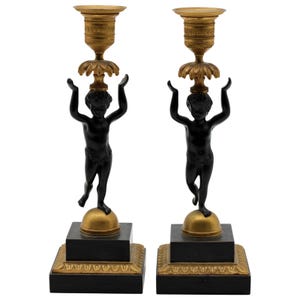 Antique Bronze Putti Candlesticks: Austrian Neoclassical Empire Style