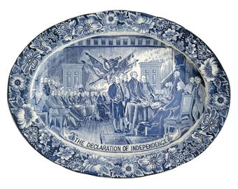1970s Bicentennial Declaration Of Independence Blue And White Transferware Platter